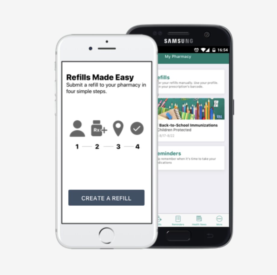PocketRx mobile app shown on iPhone and Android phones