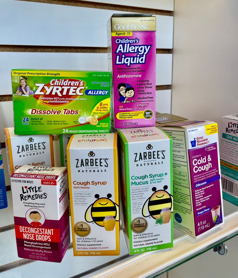 Children’s cough, cold and allergy medicines on a shelf