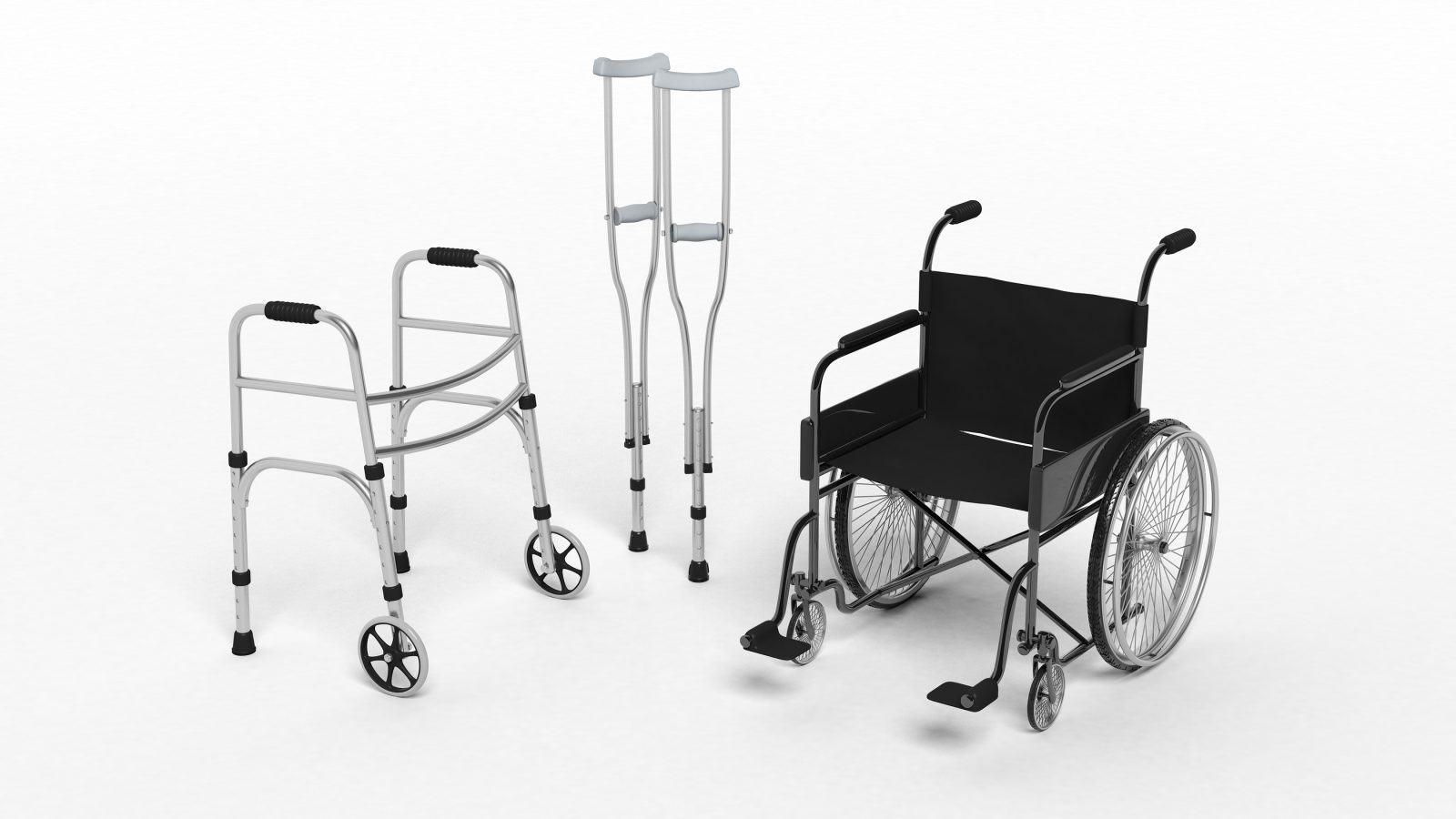 Black disability wheelchair, crutch and metallic walker